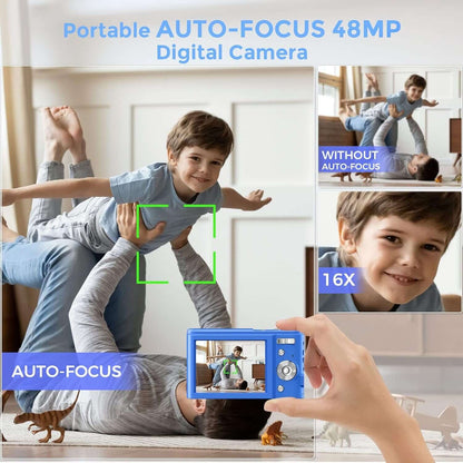 Digital Camera,  2 Charging Mode Autofocus Kids Camera, Full HD 1080P 48MP LCD Mini Vlogging Camera, 16X Zoom Compact Pocket Camera Point and Shoot Camera for Kids Teens Beginners (Blue)