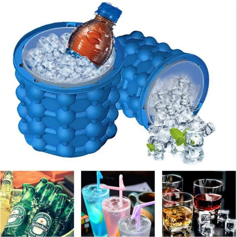 Ice Cube Mold Ice Trays Blue Silicone Ice Bucket Ice Cup with Lid (2 in 1) Ice Cube Maker for Frozen Cocktail Whiskey