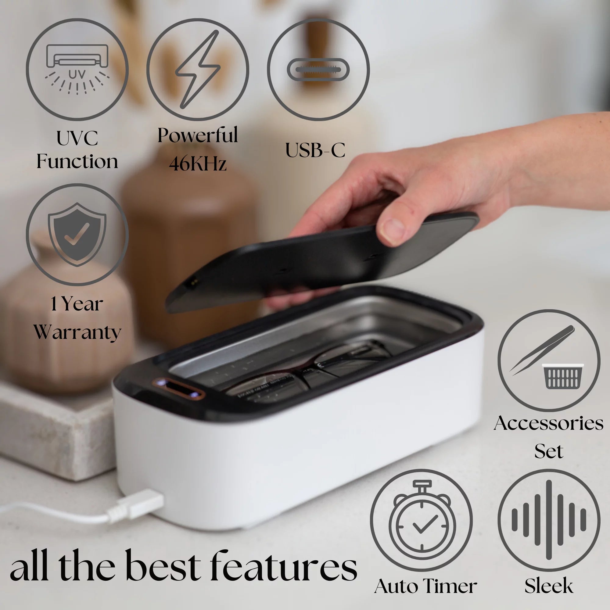 Ultrasonic Jewelry Cleaner &amp; UVC Professional Sterilizer Machine, 550Ml 46Khz Power Portable Ultra Sonic Cleaner for Cleaning Glasses, Watches, Coins, Makeup, Dentures, Earring, Watch, 1 Year Warranty