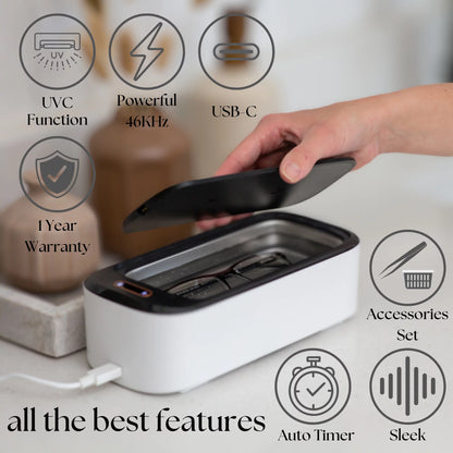 Ultrasonic Jewelry Cleaner &amp; UVC Professional Sterilizer Machine, 550Ml 46Khz Power Portable Ultra Sonic Cleaner for Cleaning Glasses, Watches, Coins, Makeup, Dentures, Earring, Watch, 1 Year Warranty