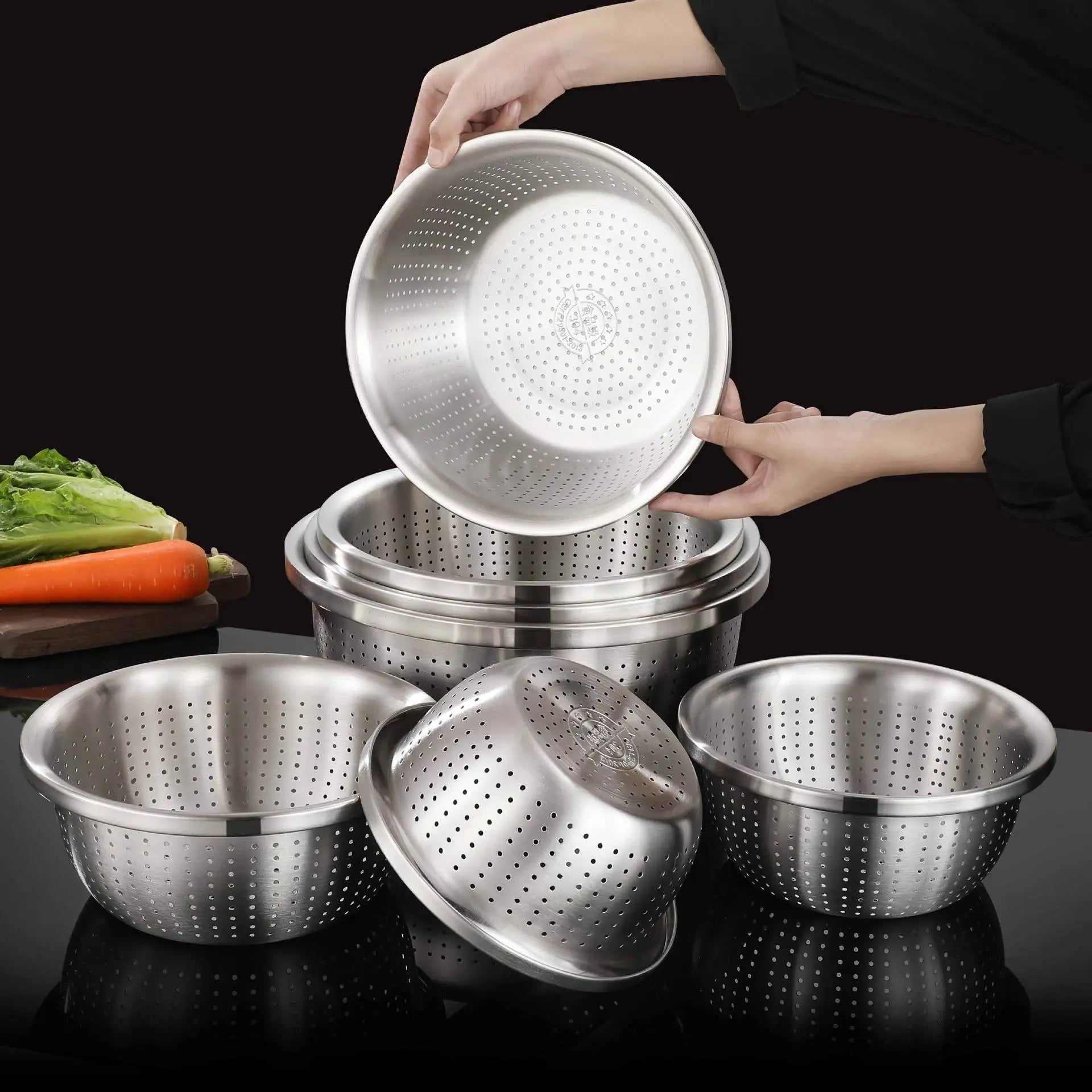 Stainless Steel Drain Basket Colander Round Rice Cleaning Sieve Fruit Vegetable Washing Basin Strainer Filter Kitchen Utensils