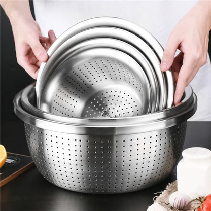 Stainless Steel Drain Basket Colander Round Rice Cleaning Sieve Fruit Vegetable Washing Basin Strainer Filter Kitchen Utensils