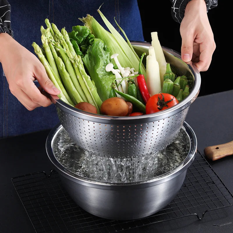 Stainless Steel Drain Basket Colander Round Rice Cleaning Sieve Fruit Vegetable Washing Basin Strainer Filter Kitchen Utensils