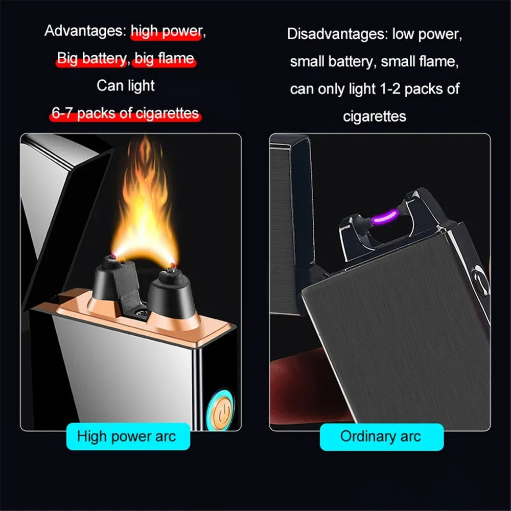 Powerful Flame USB Lighter Big Firepower Windproof Rechargeable Electronic Plasma Dual Arc Lighter LED Display Smoking Gadget