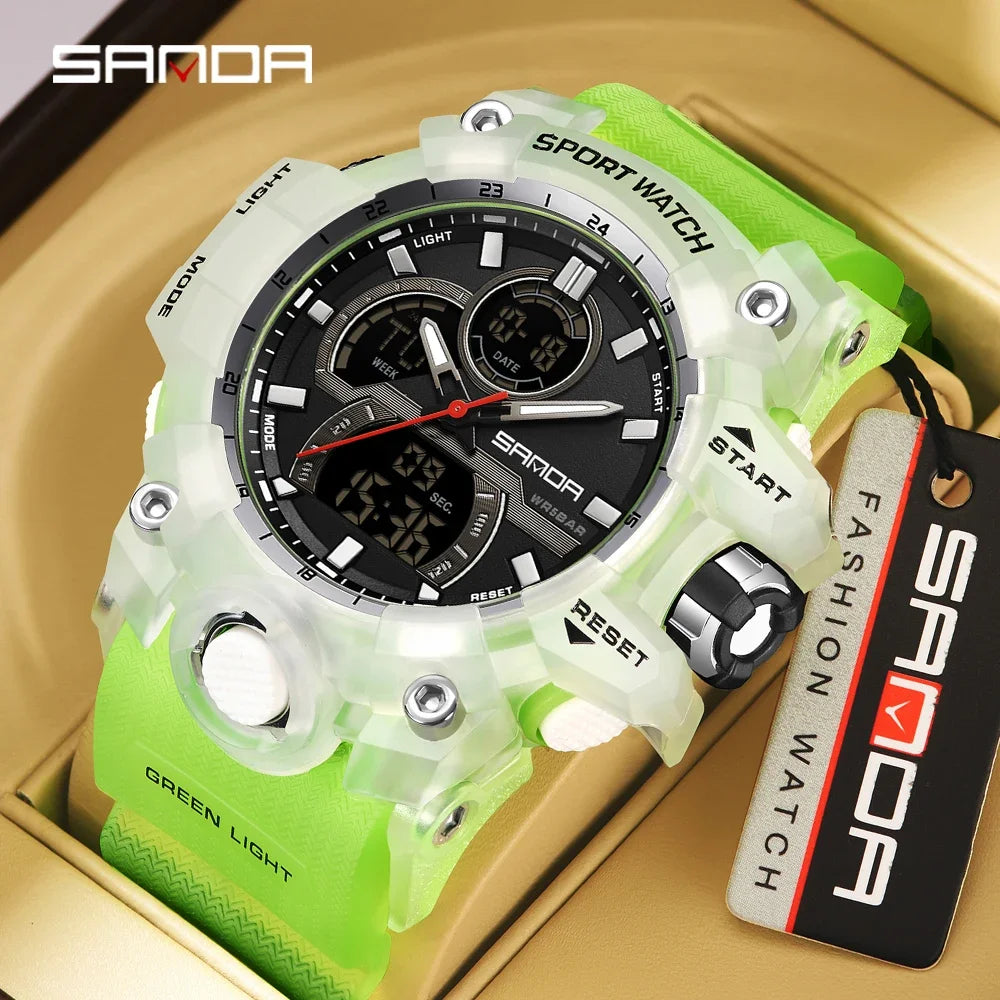 SANDA 6198 Watch Fashion Trend Dual Screen Multi functional Outdoor Sports Multi functional Waterproof Electronic Men&