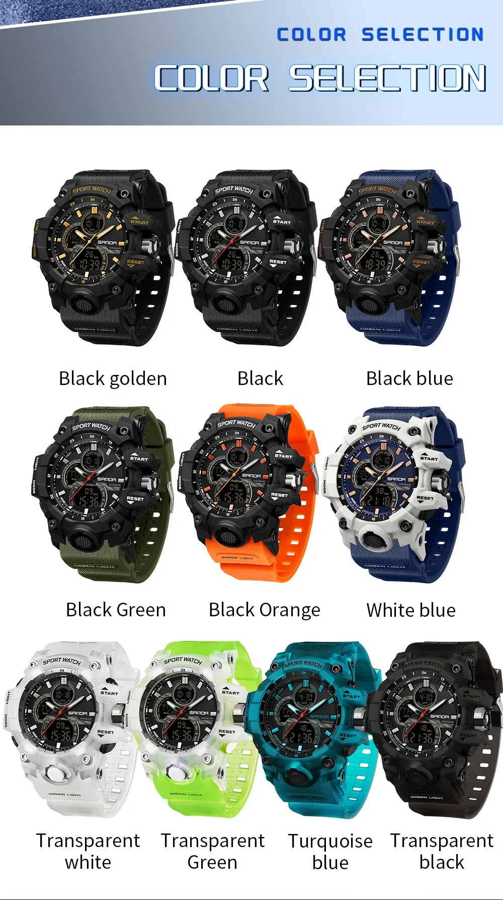 SANDA 6198 Watch Fashion Trend Dual Screen Multi functional Outdoor Sports Multi functional Waterproof Electronic Men&