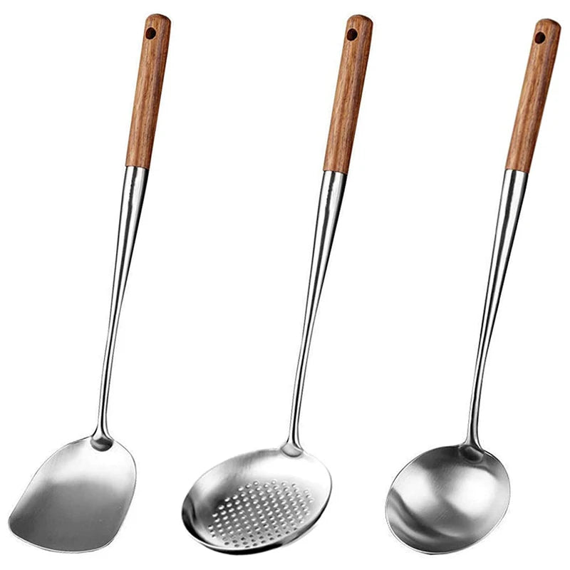 2Pcs Utensils Kitchen Wok Spatula Iron and Ladle Tool Set 17 Inches Spatula For Wok Stainless Steel Wok Spatula Kitchen Bar Tool