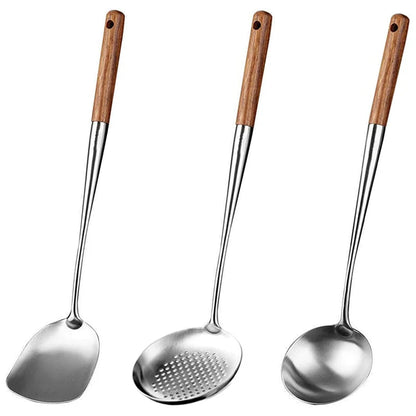 2Pcs Utensils Kitchen Wok Spatula Iron and Ladle Tool Set 17 Inches Spatula For Wok Stainless Steel Wok Spatula Kitchen Bar Tool