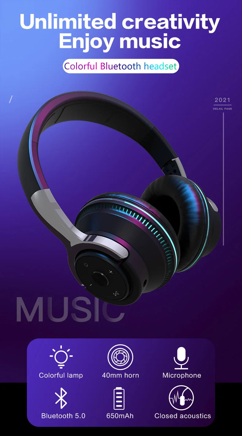 Bluetooth Headphones Head-mounted Noise Reduction Wireless Headset for Phones PC Gaming Headsets Heavy Bass Colorful LED Lights