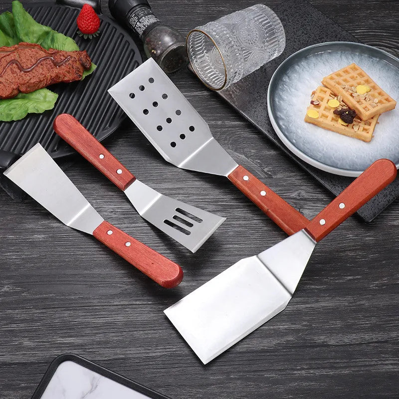 Stainless Steel Wooden Handle Frying Spatula Household Steak Pizza Shovel Flat Colander Kitchenware Kitchen Cooking Accessories