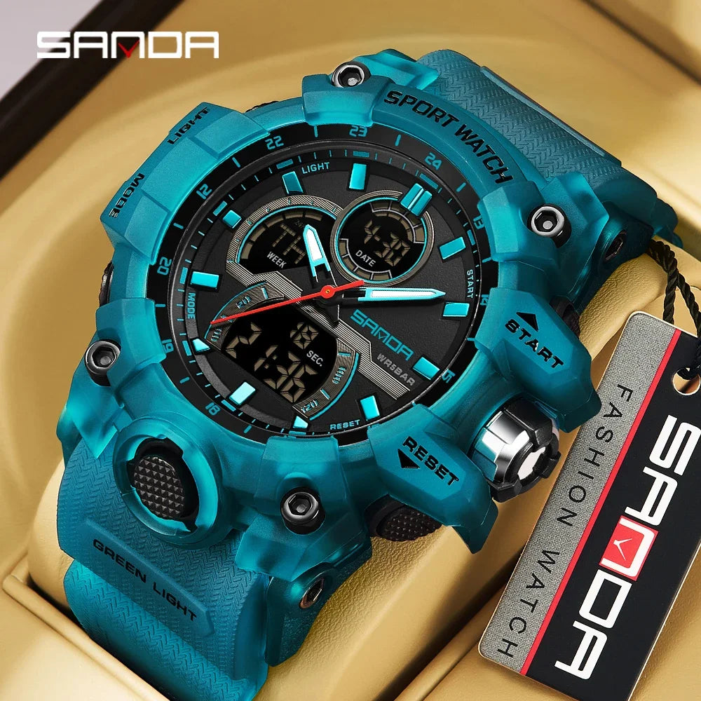 SANDA 6198 Watch Fashion Trend Dual Screen Multi functional Outdoor Sports Multi functional Waterproof Electronic Men&