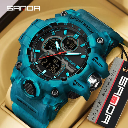 SANDA 6198 Watch Fashion Trend Dual Screen Multi functional Outdoor Sports Multi functional Waterproof Electronic Men&