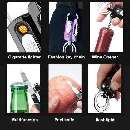 Keychain Wine Opener Knife Flashlight One-word Screwdriver Multi-function Metal Windproof Electronic Lighter Gadget