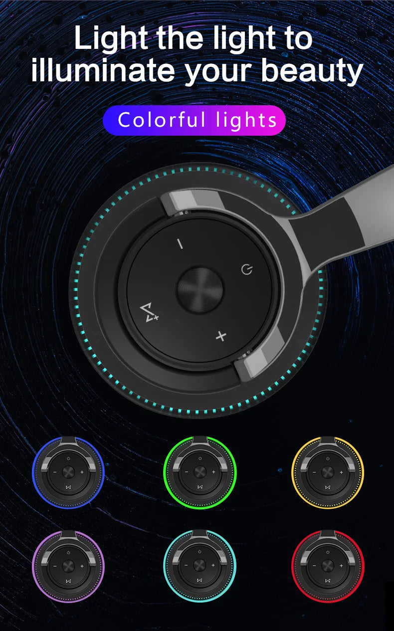 Bluetooth Headphones Head-mounted Noise Reduction Wireless Headset for Phones PC Gaming Headsets Heavy Bass Colorful LED Lights