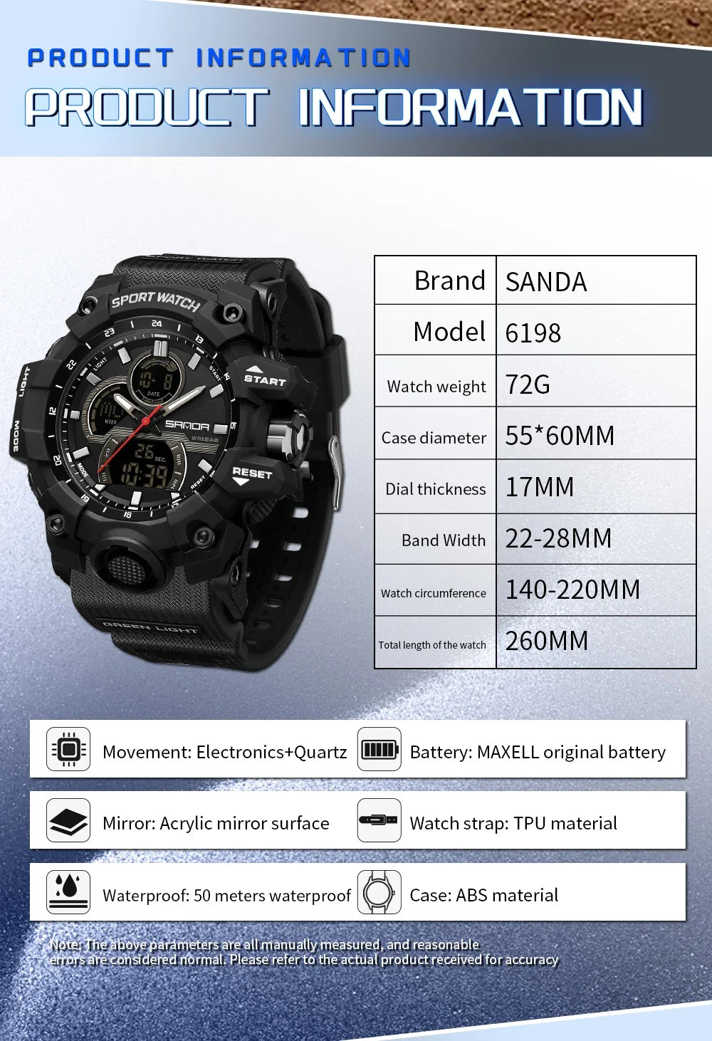 SANDA 6198 Watch Fashion Trend Dual Screen Multi functional Outdoor Sports Multi functional Waterproof Electronic Men&