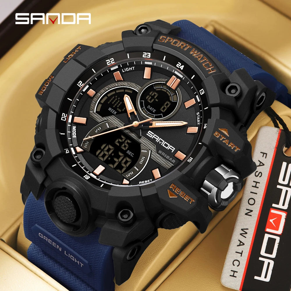 SANDA 6198 Watch Fashion Trend Dual Screen Multi functional Outdoor Sports Multi functional Waterproof Electronic Men&