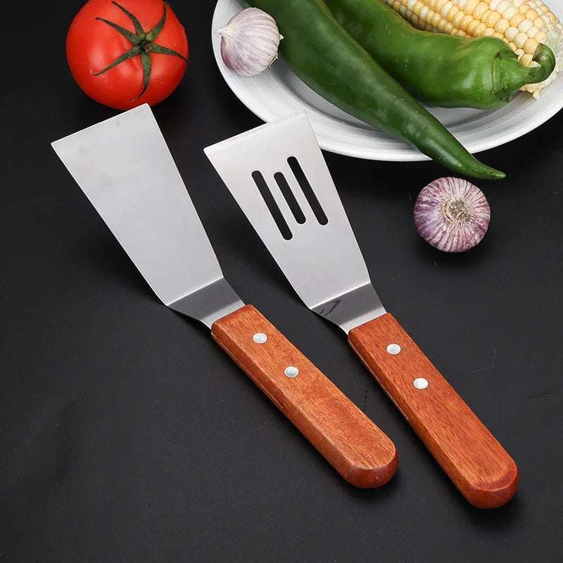 Stainless Steel Wooden Handle Frying Spatula Household Steak Pizza Shovel Flat Colander Kitchenware Kitchen Cooking Accessories